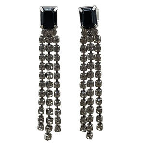 Vintage Rhinestone Black Silver Tone Fringe Stud Earrings Drop Dangle Push Lock